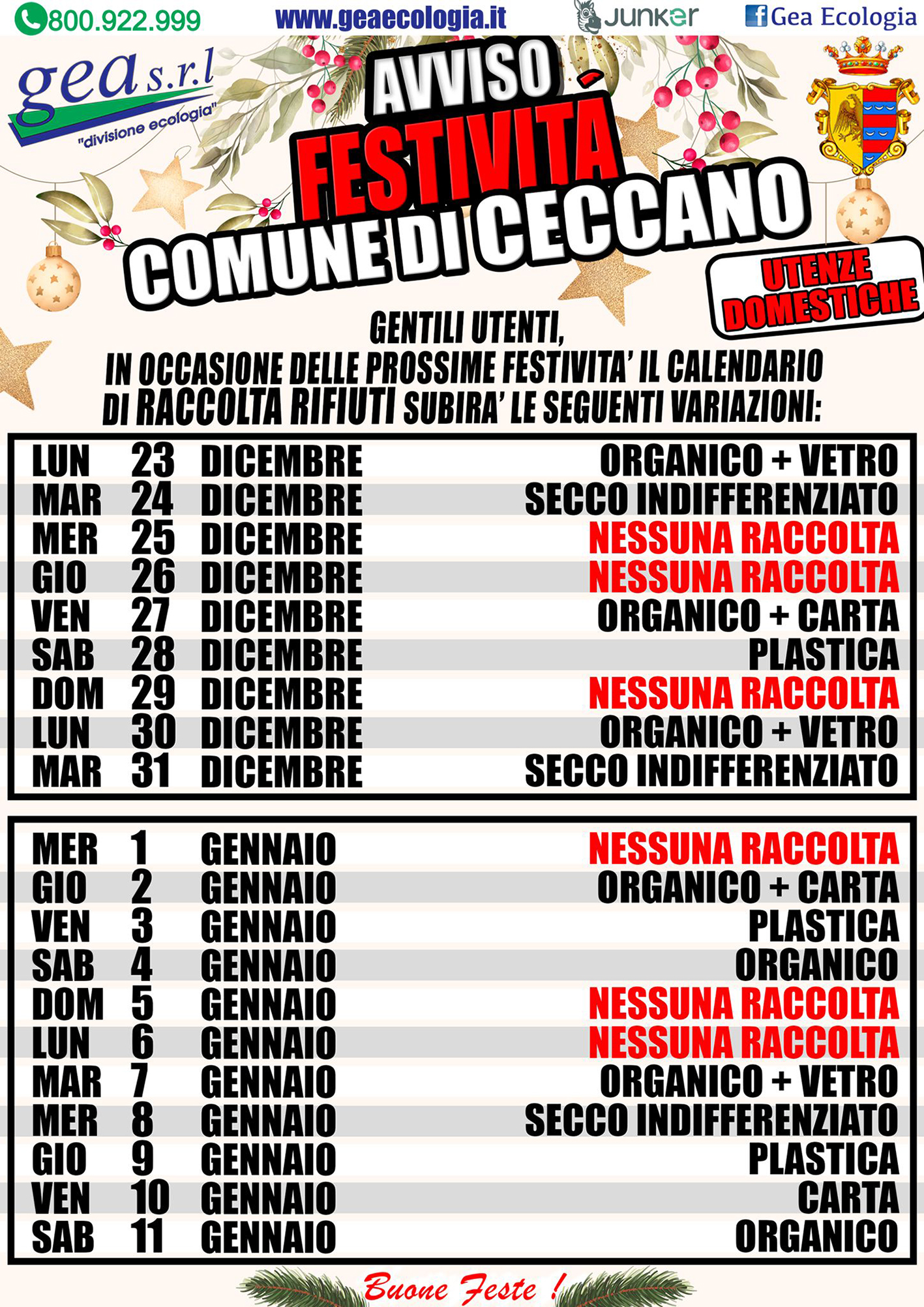 Comune Di Ceccano - Raccolta Differenziata – Variazione Festività ...